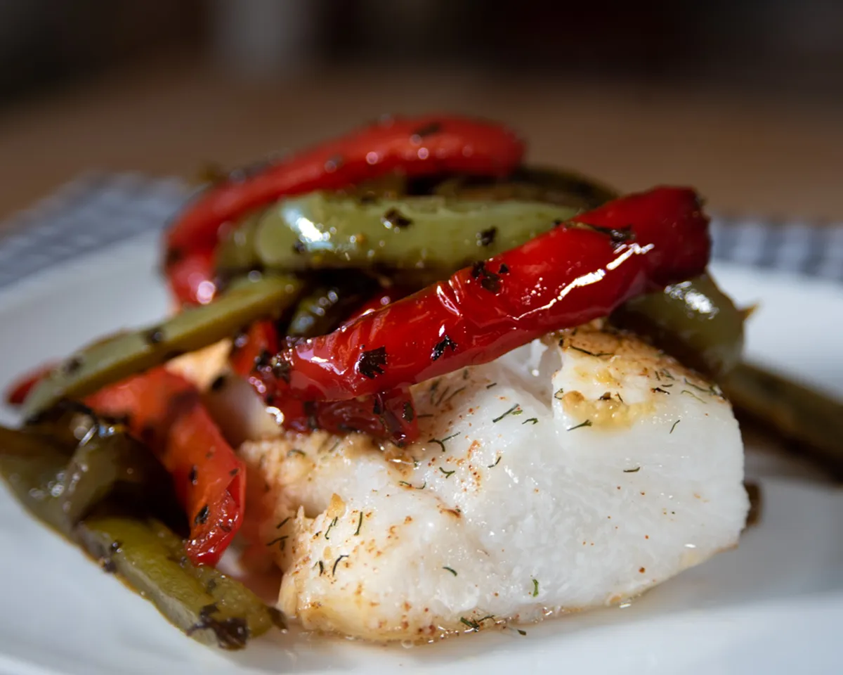 Bacalao encebollado con pimientos